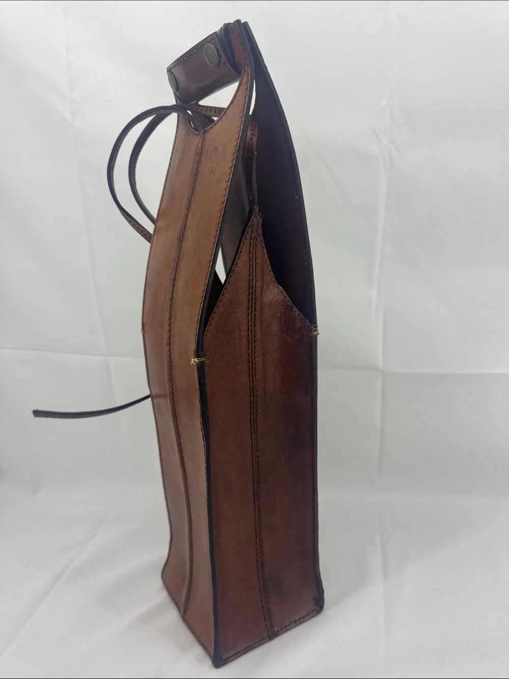 Cognac Brown Handcrafted Leather Wine Carrier Bag, Snap Handle Strap, Gift Tote